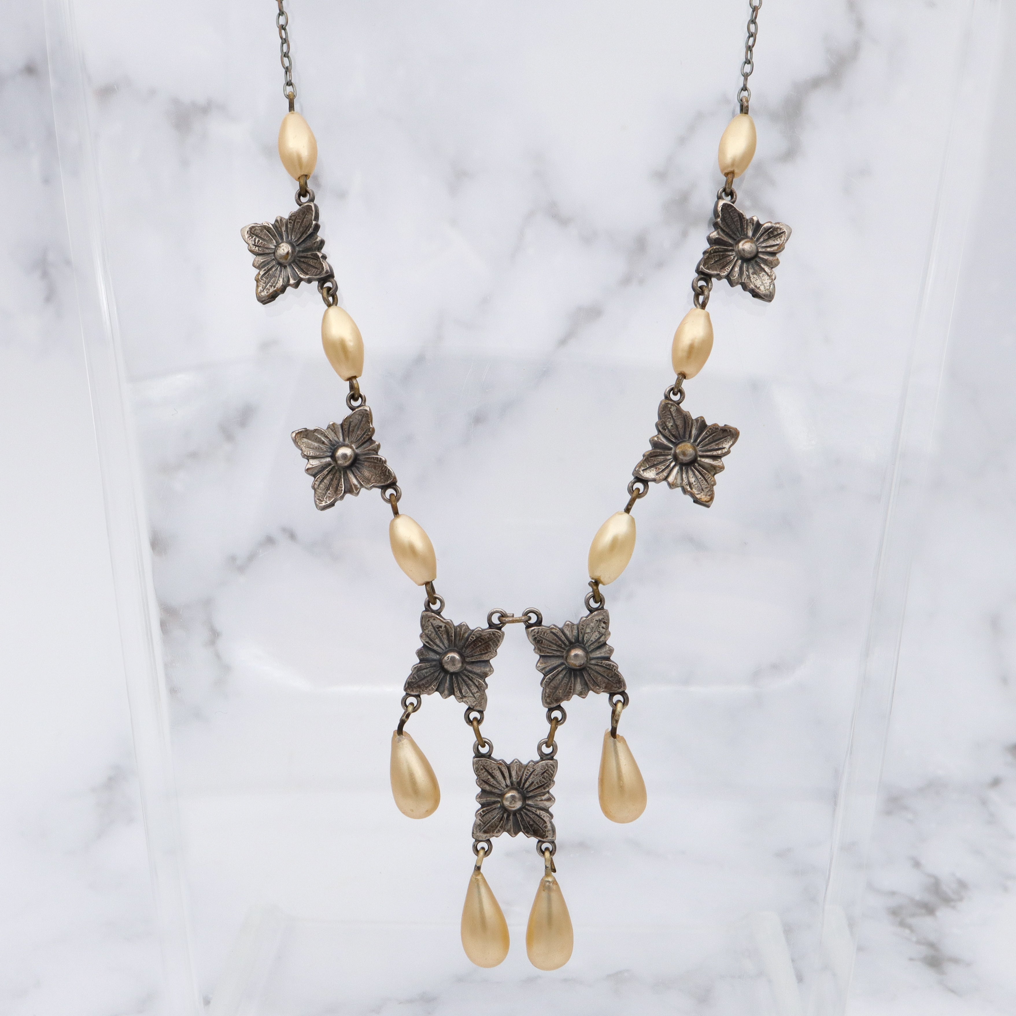 Antique Victorian silver plated brass geometric flower link & faux pearl drop necklace, 15"